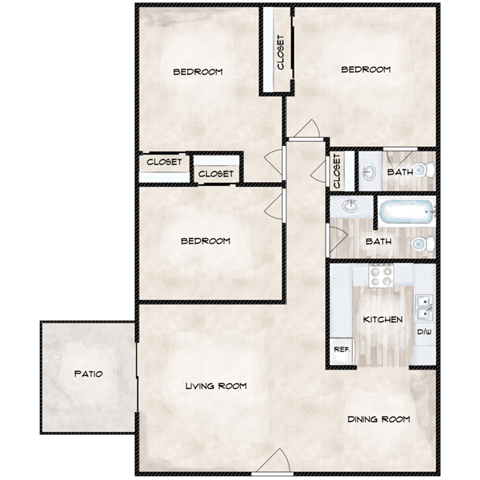 Floor plan for 3 beds, 1 bath, 1025 sqft